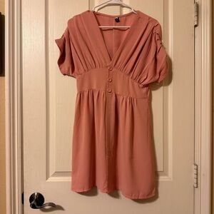 Isabella Bird Pink Pleated V-Neck Mini Dress